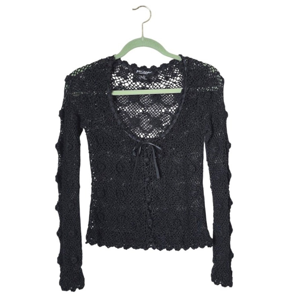 BETSEY JOHNSON NEW YORK Black Crochet Lace Cardigan Tie‎ Front Whimsigoth Y2K S